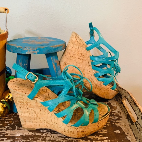 ALDO TURQUOISE ANKLE WRAP WEDGES 7 - Picture 6 of 8